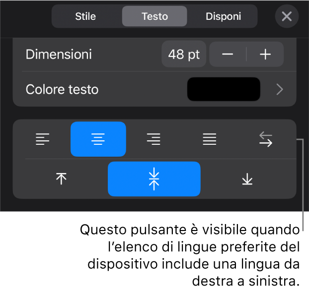 Controlli del testo nel menu Formato con una didascalia per il pulsante “Da destra a sinistra”.