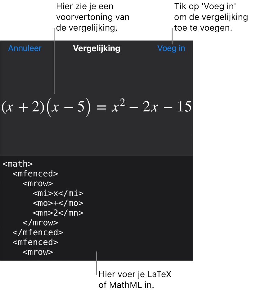 Het venster 'Vergelijking' met daarin een vergelijking die geschreven is met MathML-commando's en erboven een voorvertoning van de formule.