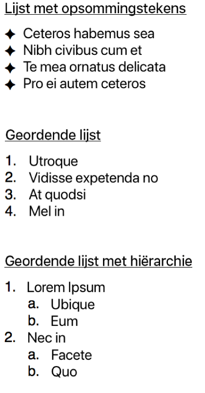 Voorbeelden van lijsten met opsommingstekens, geordende lijsten en lijsten met een hiërarchie.