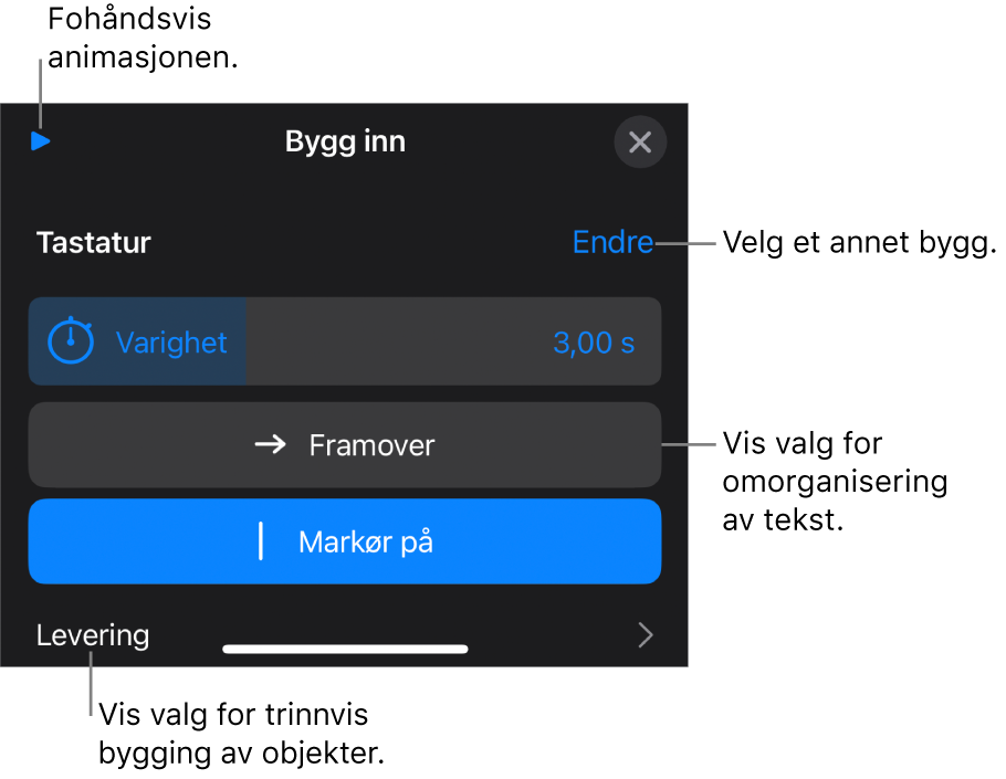 Blant byggvalgene finner du Varighet, Tekstanimasjon og Levering. Trykk på Endre for å velge et annet bygg, eller trykk på Forhåndsvis for å forhåndsvise bygget.