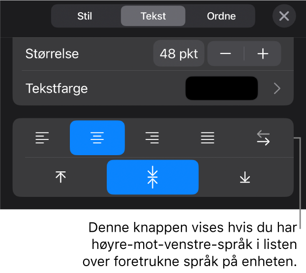 Tekstkontroller i Format-menyen med en bildeforklaring for Høyre til venstre-knappen.