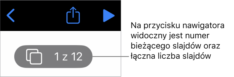 Przycisk nawigatora slajdów z wyświetlonym numerem slajdu oraz łączną liczbą slajdów w prezentacji.