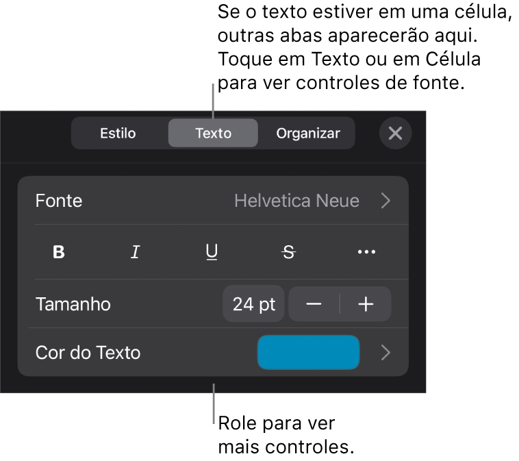 Controles de texto no menu Formatar para definir estilo, fonte, tamanho e cor de caractere e parágrafo.