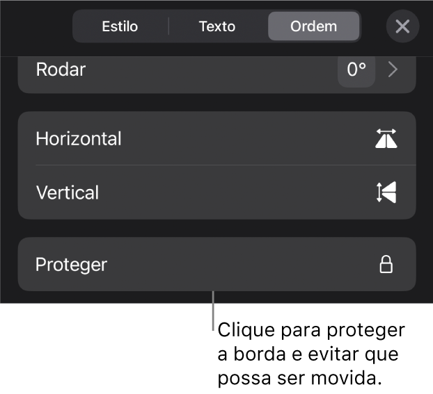 Os controlos de "Ordem” no menu "Formatação” com uma chamada para o botão “Proteger”.