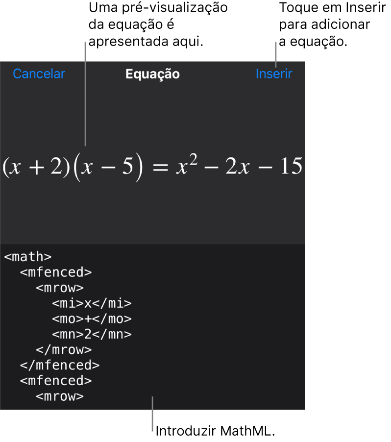 A caixa de diálogo “Equação”, apresentando uma equação escrita com recurso aos comandos MathML e uma pré-visualização da fórmula em cima.