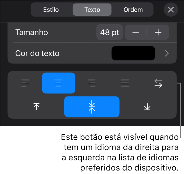 Controlos de texto no menu "Formatação” com uma chamada para o botão "Da direita para a esquerda”.