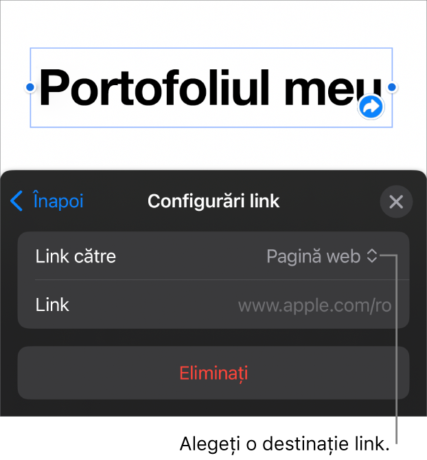 Comenzile Configurări link cu opțiunea Pagină web selectată și butonul Eliminați în partea de jos.