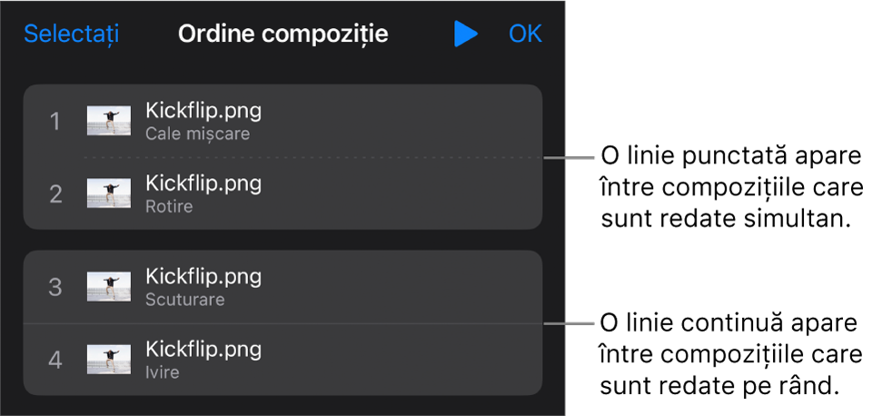 Meniul Ordine compoziție, cu o linie punctată apărând între compozițiile care sunt redate simultan și o linie continuă între compozițiile care sunt redate pe rând.