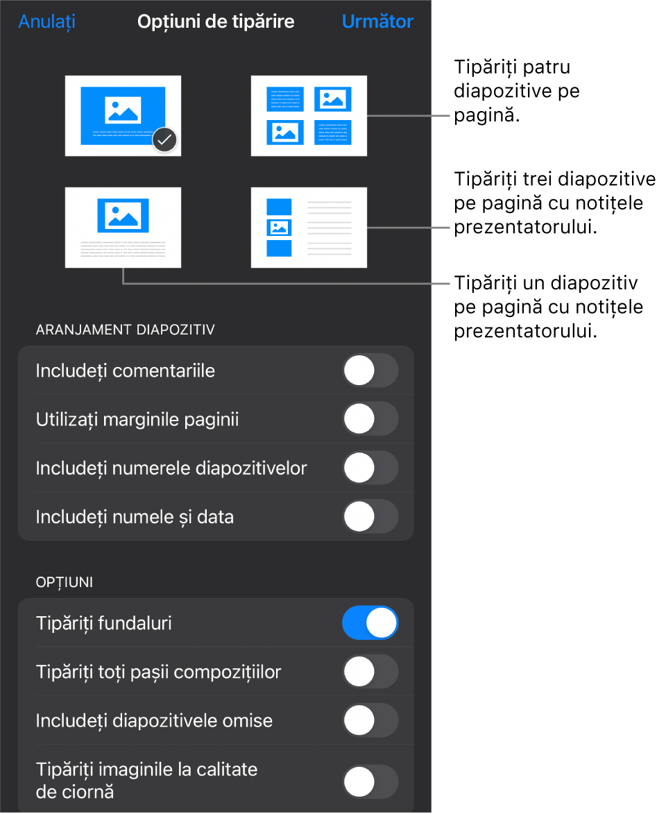 Opțiunile de aranjament pentru tipărire.