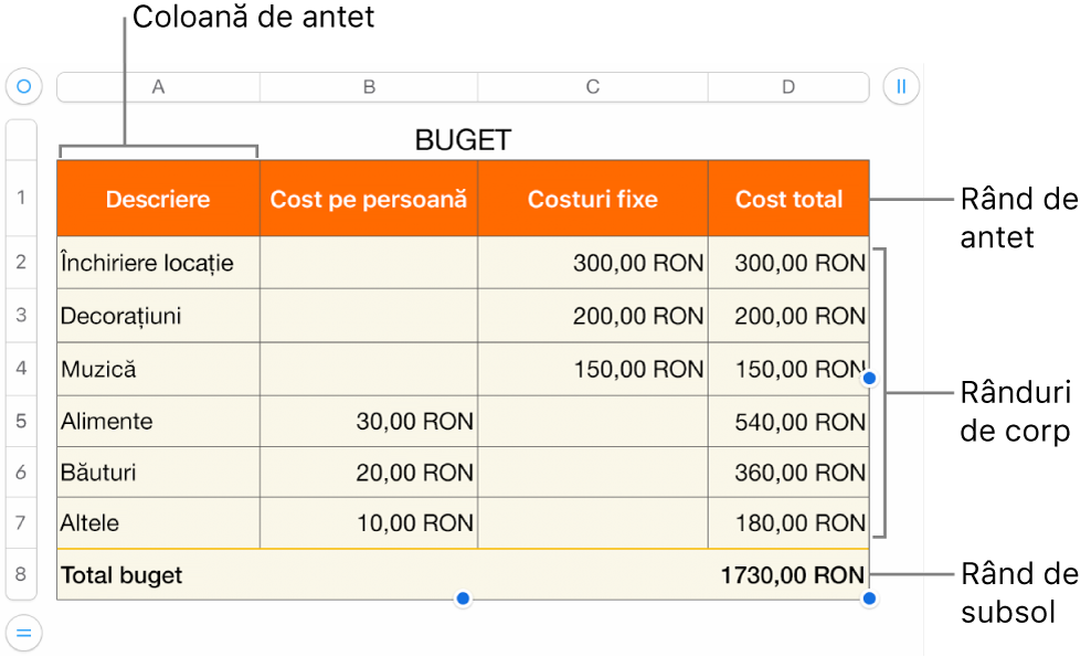 Un tabel, cu rânduri și coloane pentru antet, corp și subsol și mânere pentru adăugarea sau ștergerea rândurilor sau coloanelor.