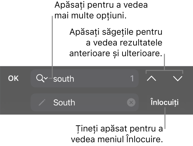 Comenzile Găsește și înlocuiește de deasupra tastaturii, cu explicații pentru butoanele Opțiuni de căutare, Înlocuiți, În sus și În jos.