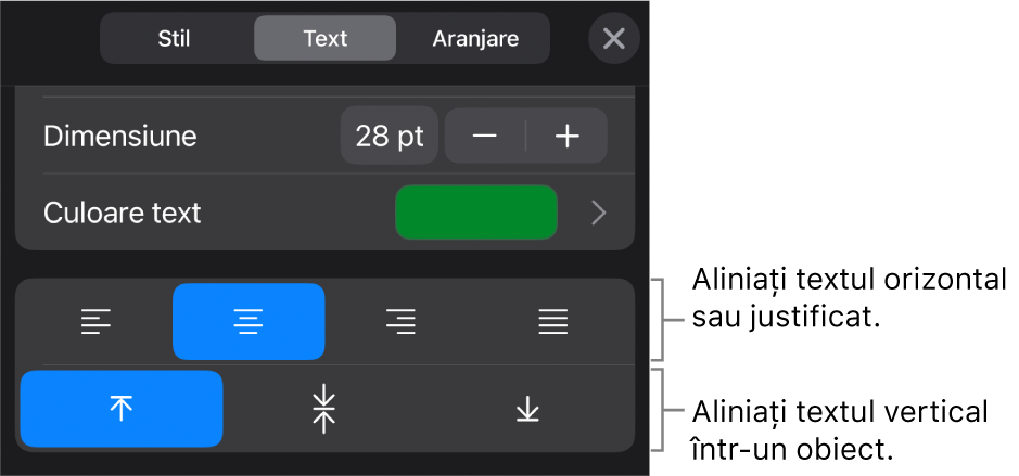 Secțiunea Aliniere a butonului Format cu explicații pentru butoanele de aliniere a textului.