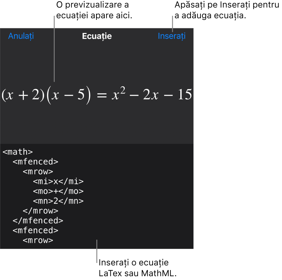 Caseta de dialog Ecuație, afișând o ecuație scrisă cu ajutorul comenzilor MathML și, deasupra, o previzualizare a formulei.