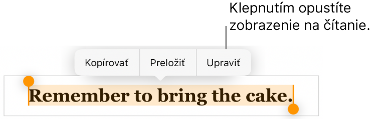Je označená veta a nad ňou sa zobrazí kontextové menu s tlačidlami Kopírovať a Upraviť.