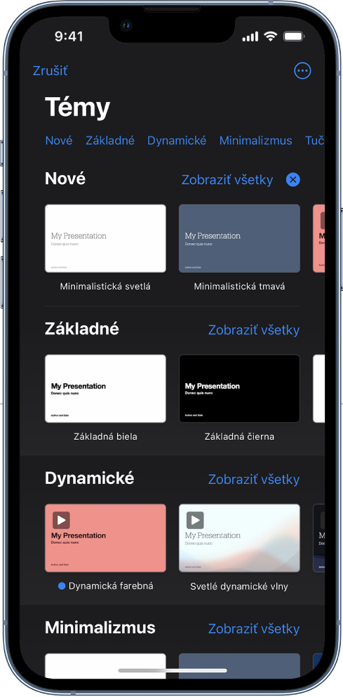  Výber tém zobrazujúci v hornej časti riadok kategórií, na ktoré môžete klepnúť a filtrovať tak možnosti. Nižšie sú miniatúry preddefinovaných tém usporiadané do riadkov podľa kategórií.