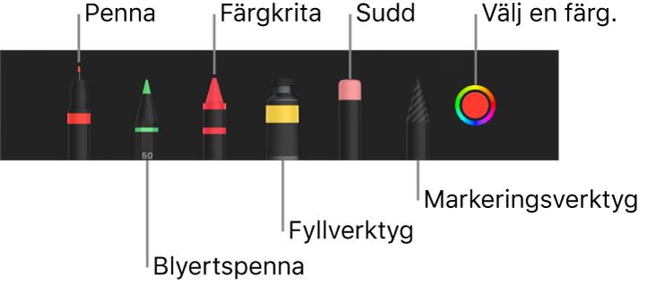 Ritverktygsfältet med en penna, blyertspenna, krita, fyllningsverktyg, sudd, markeringsverktyg och en färgkälla som visar den aktuella färgen.