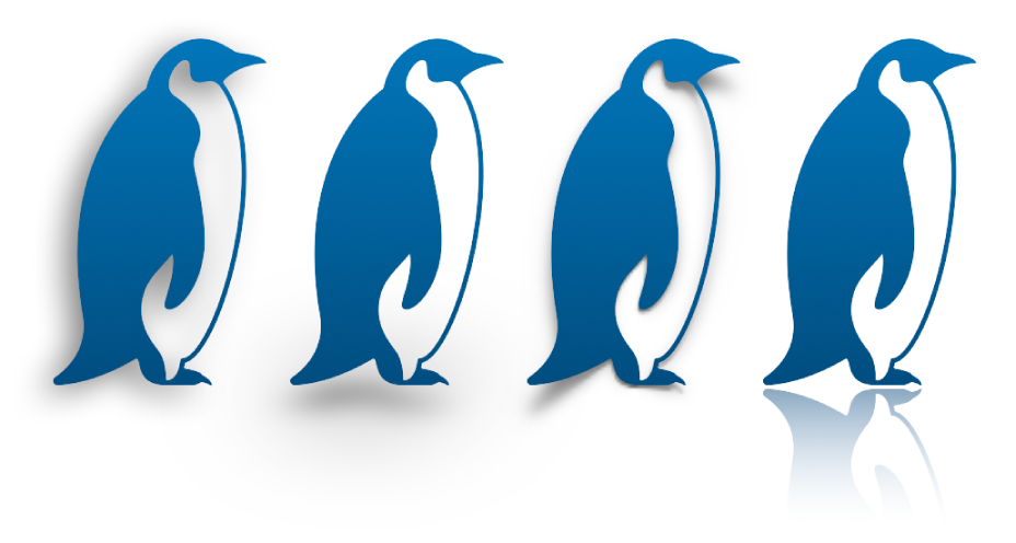 Fyra pingvinformer med olika speglingar och skuggor. En har en spegling, en har en kontaktskugga, en har en böjd skugga och en har en kantskugga.