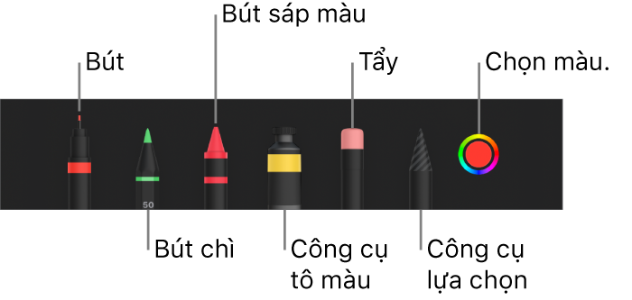 Thanh công cụ vẽ với bút, bút chì, bút sáp màu, công cụ tô màu, tẩy, công cụ chọn và ô màu hiển thị màu hiện tại.