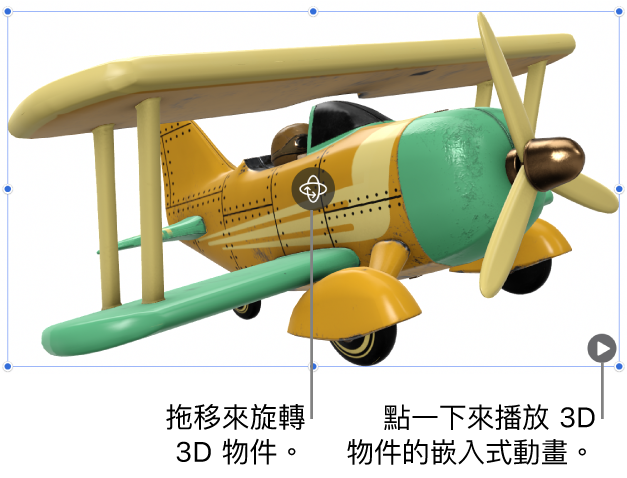 3D 物件，附有「旋轉」按鈕位於物件中間，「播放」按鈕位於右下角。