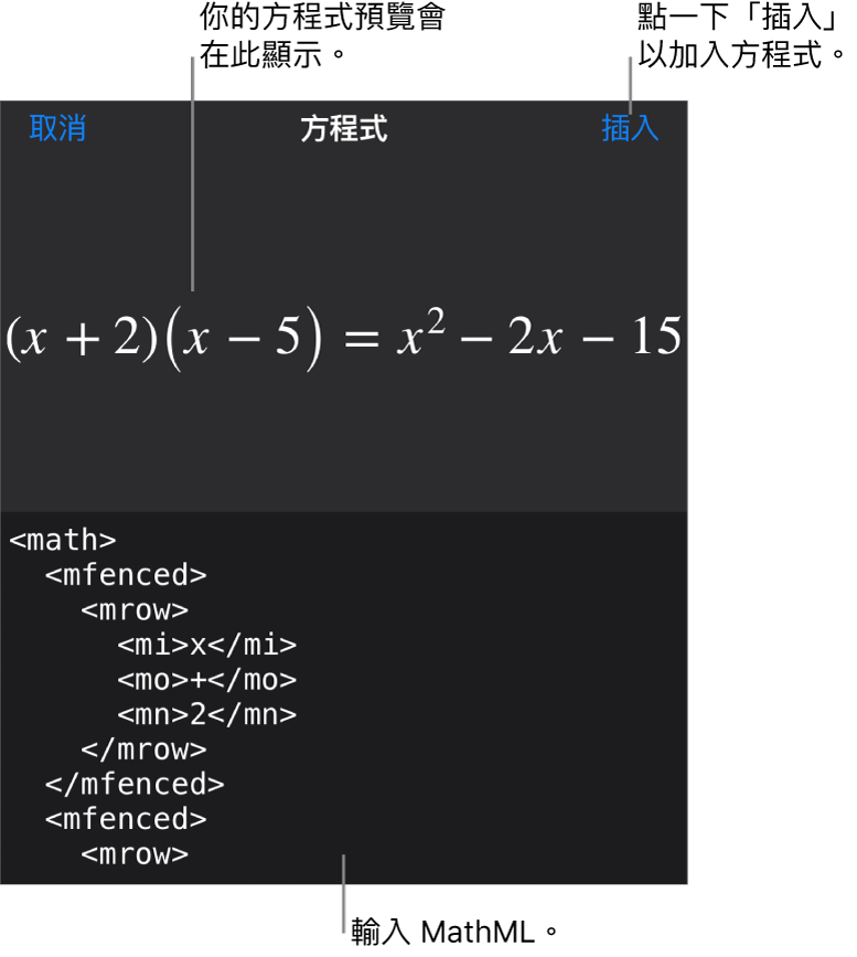 「方程式」對話框，顯示使用 MathML 指令寫入的方程式，上方是公式的預覽。