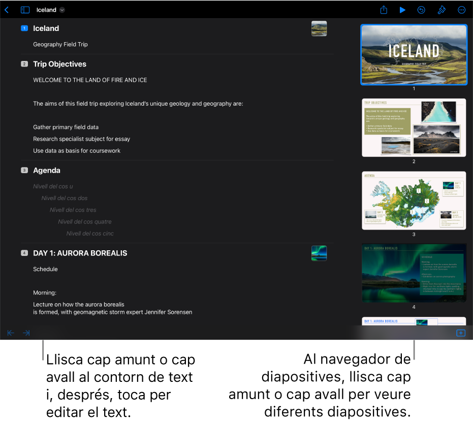 Visualització en esquema amb el contorn de text d’una presentació a la part esquerra de la pantalla i el navegador de diapositives vertical a la part dreta.