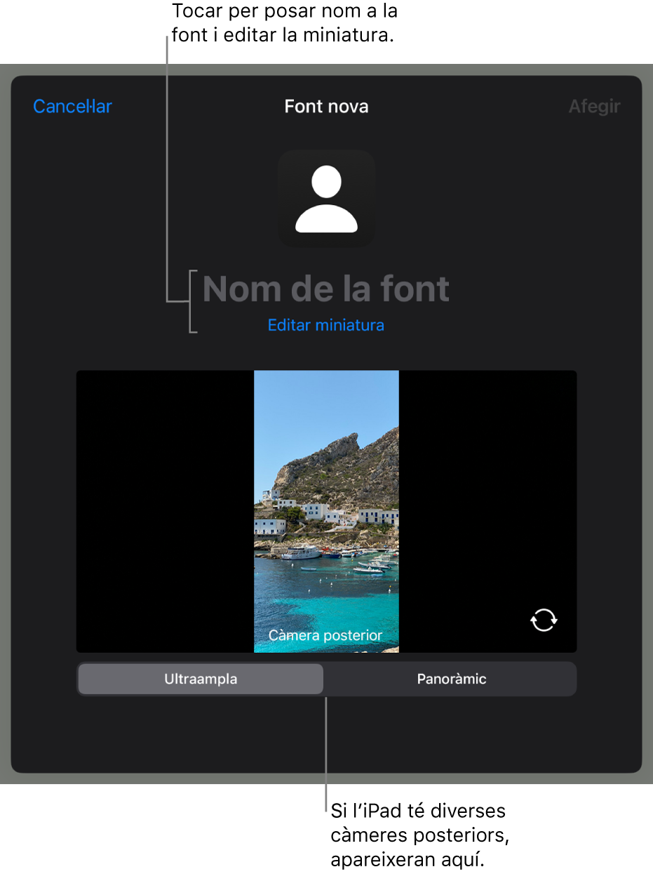 La finestra “Font nova”, amb controls per canviar el nom i la miniatura de la font a sobre d’una previsualització en directe de la càmera. Si l’iPad té diverses càmeres posteriors, a la part inferior de la pantalla apareixeran botons per seleccionar-les.