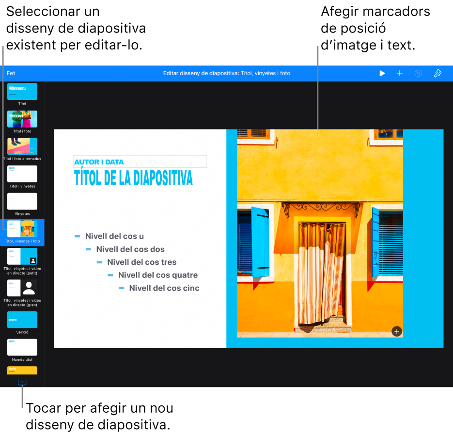 Un disseny de diapositiva mostrat al llenç de la diapositiva, amb el botó “Afegir disseny de diapositiva” a la part inferior del navegador de diapositives.