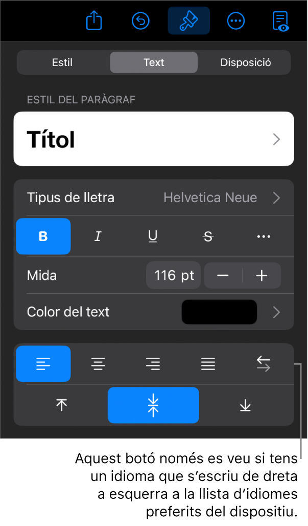 Controls de text del menú Format, amb una llegenda per al botó “D’esquerra a dreta”.