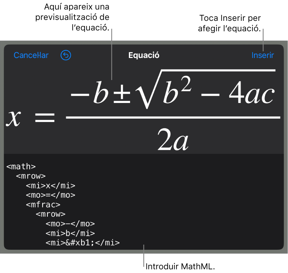 El quadre de diàleg Equació amb una equació escrita amb les ordres MathML i una previsualització de la fórmula al damunt.