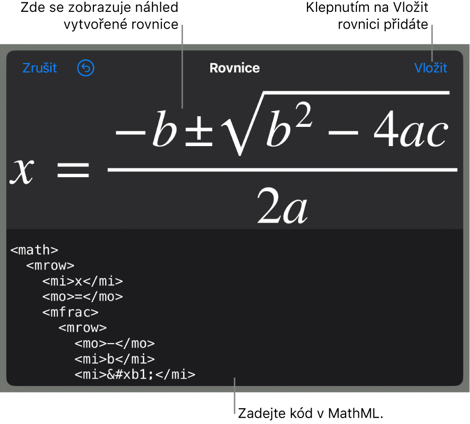 Dialogové okno Rovnice, v němž se zobrazuje zápis rovnice pomocí příkazů jazyka MathML a nad ním náhled výsledného vzorce