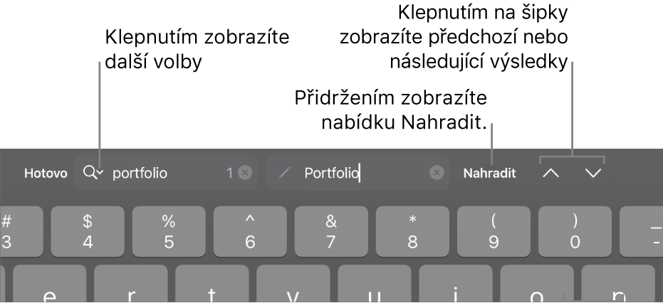 Ovládací prvky hledání a nahrazování nad klávesnicí s popisky u tlačítek Volby hledání, Nahradit, Nahoru a Dolů.