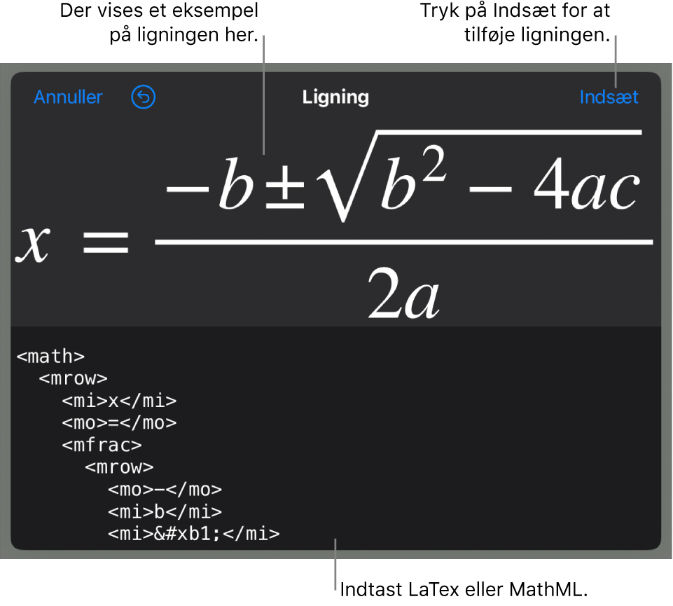 Dialogen Ligning, der viser den kvadratiske formel skrevet ved hjælp af MathML-kommandoer og derover et eksempel på formlen.