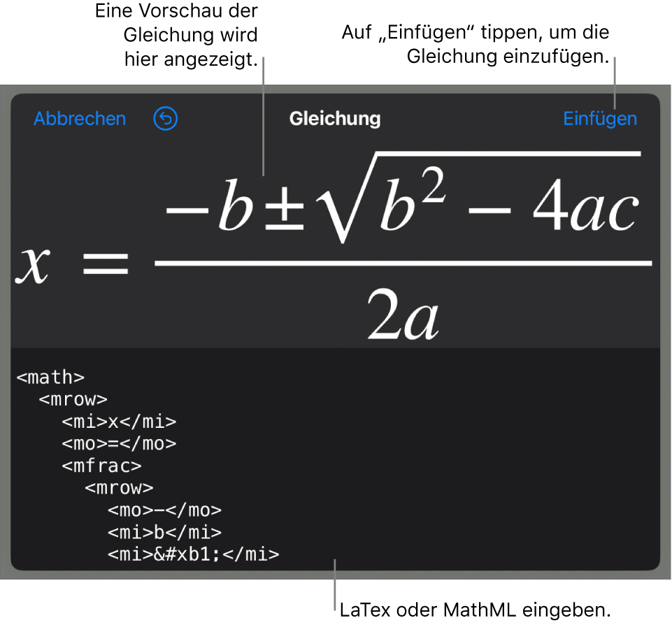 Im Dialogfenster „Gleichung“ wird eine Gleichung angezeigt, die mit MathML-Befehlen geschrieben wurde, darüber wird eine Vorschau der Formel angezeigt.