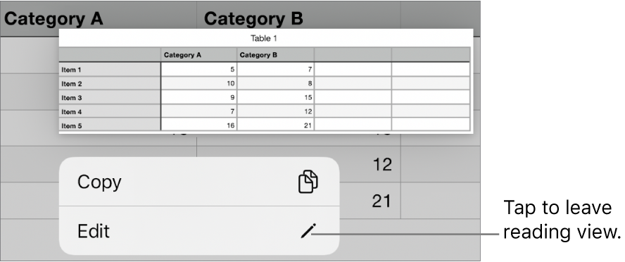 A table cell is selected, and above it is a menu with Copy and Edit buttons.