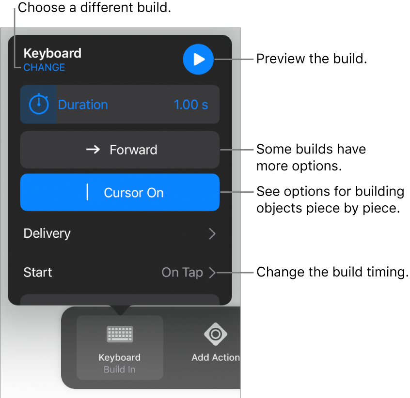 Build options include Duration, Delivery and Start timing. Tap Change to choose a different build or tap Preview to preview the build.