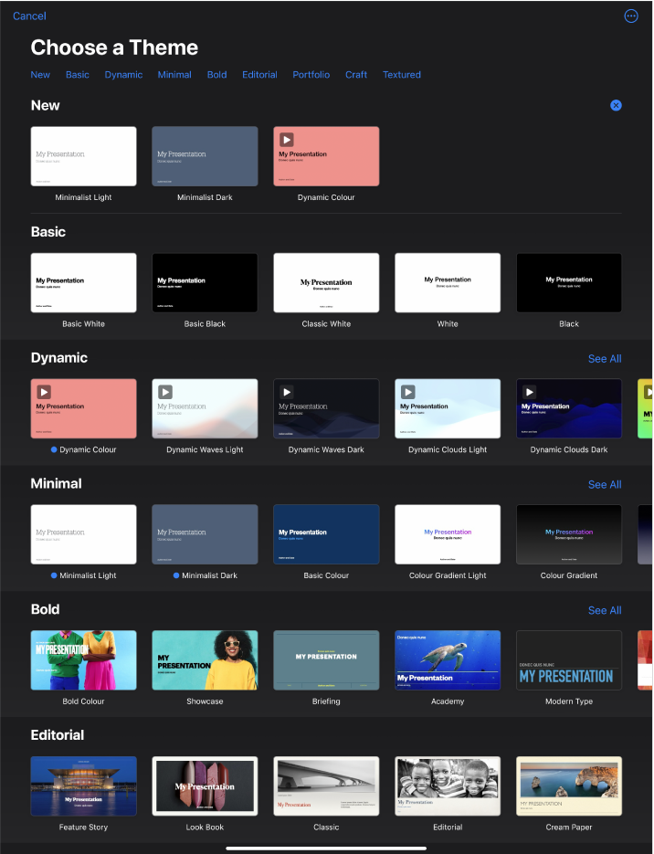 The theme chooser, showing a row of categories across the top that you can tap to filter the options. The More button is in the top-right corner, where you can set Standard or Wide format and set formatting for a specific language or region. Below are thumbnails of pre-designed themes arranged in rows by category. A See All button appears above and to the right of each category row.