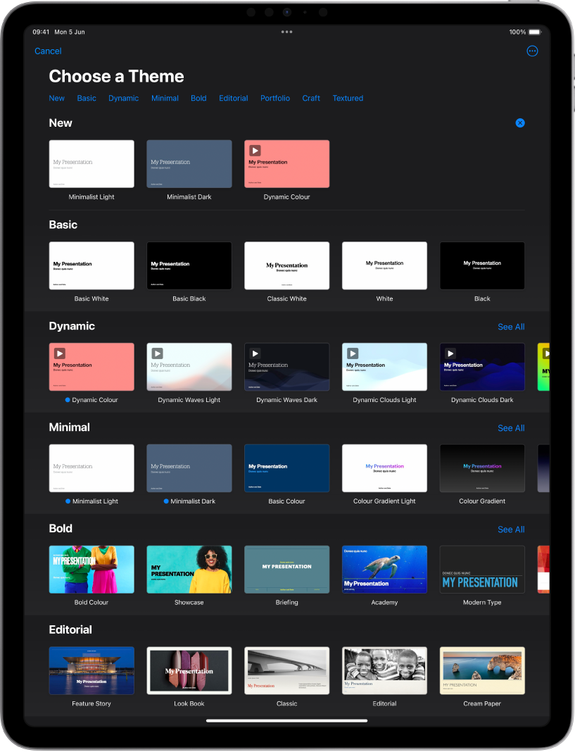 The theme chooser, showing a row of categories across the top that you can tap to filter the options. Below are thumbnails of pre-designed themes arranged in rows by category.