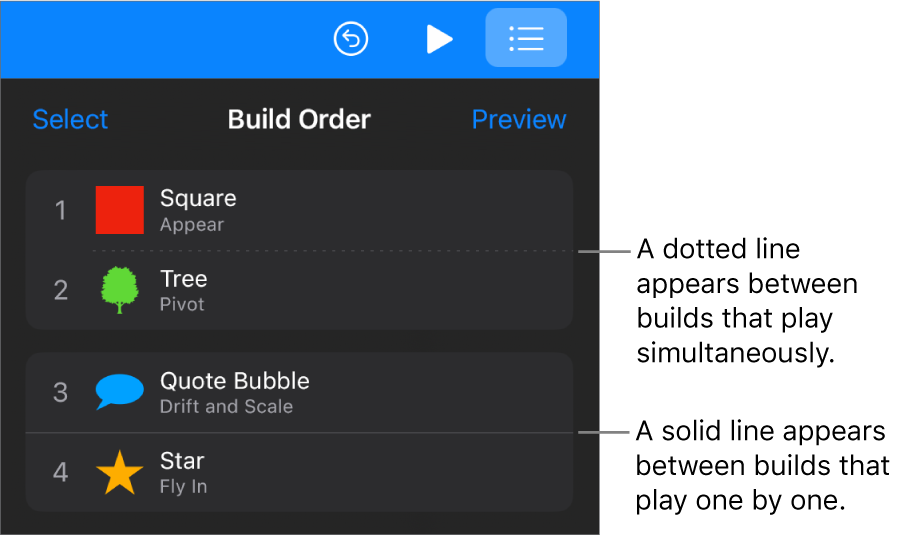 The Build Order menu, with a dotted line appearing between builds that play simultaneously and a solid line between builds that play one by one.