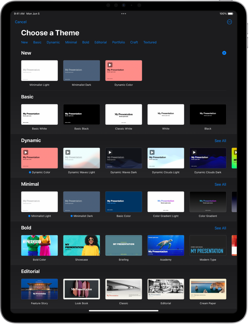 The theme chooser, showing a row of categories across the top that you can tap to filter the options. Below are thumbnails of predesigned themes arranged in rows by category.