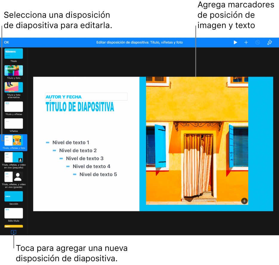 Una disposición de diapositiva en el lienzo de diapositivas con el botón Agregar disposición de diapositiva en la parte inferior del navegador de diapositivas.