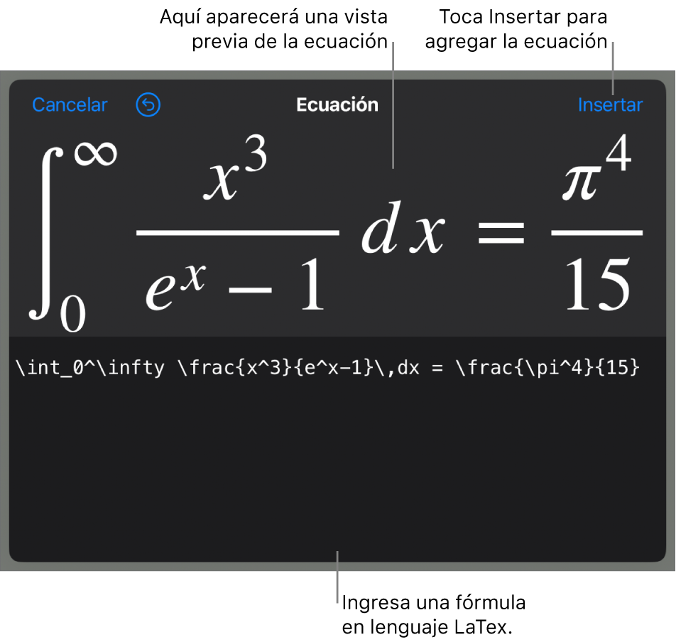 El cuadro de diálogo Ecuación con una ecuación escrita con comandos de LaTeX y una previsualización de la fórmula encima.