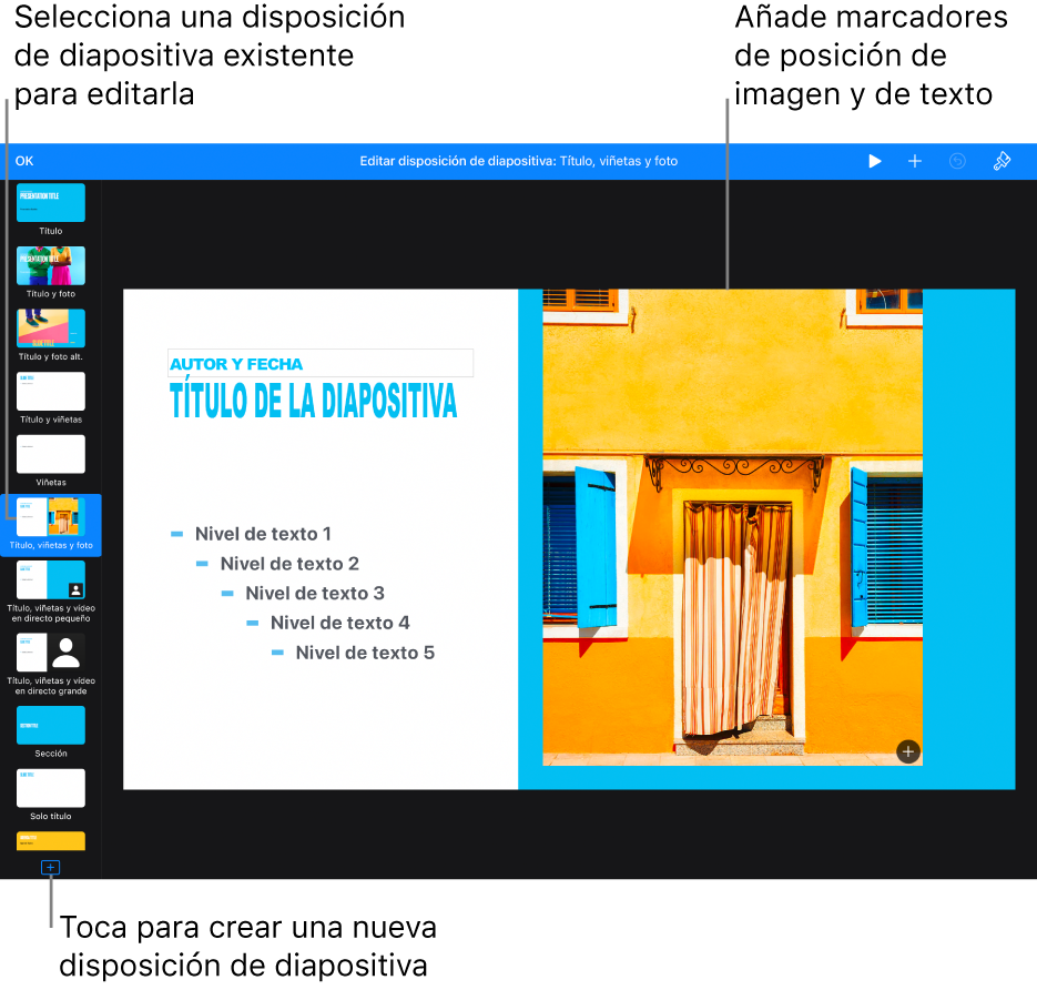 Una disposición de diapositiva en el lienzo de diapositivas con el botón “Añadir disposición de diapositiva” en la parte inferior del navegador de diapositivas.