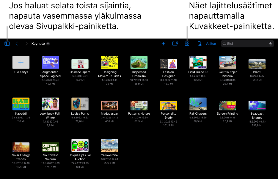 Esitysten hallinnan selausnäkymä, jonka vasemmassa yläkulmassa on Sivupalkki-painike. Yläoikealla ovat Lisää-painike, Uusi kansio ‑painike, Kuvakkeet-painike (nimen, päivämäärän, koon tai tunnisteen mukaan järjestämistä varten), Valitse-painike ja Haku-painike. Näiden alapuolella ovat olemassa olevien esitysten miniatyyrit.