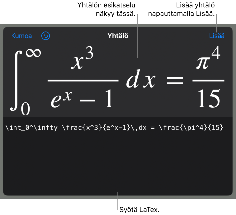 Yhtälö-valintaikkuna, jossa näkyy LaTex-komentoja käyttäen syötetty yhtälö, ja yllä kaavan esikatselu.