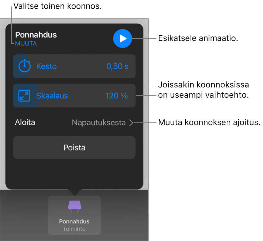 Koonnosvalintoihin sisältyy Kesto ja Aloituksen ajoitus. Valitse toinen koonnos napauttamalla Muuta tai esikatsele koonnosta napauttamalla Esikatsele.