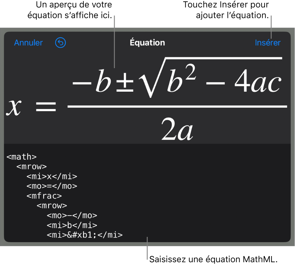 Zone de dialogue Équation, affichant une équation composée à l’aide des commandes MathML, et un aperçu de la formule au-dessus.