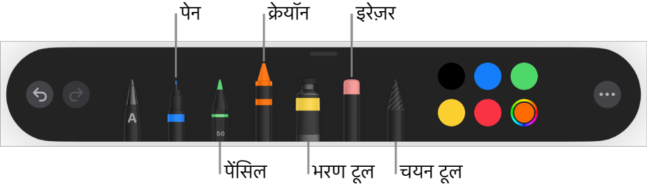 पेन, पेंसिल, क्रेयोन, भरण टूल, इरेज़र, चयन टूल और वर्तमान रंग दिखाने वाले रंग वेल के साथ ड्रॉइंग टूलबार।