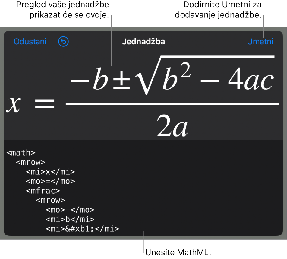 Dijaloški okvir Jednadžba koji prikazuje jednadžbu napisanu korištenjem MathML naredbi i prikaz gornje formule.