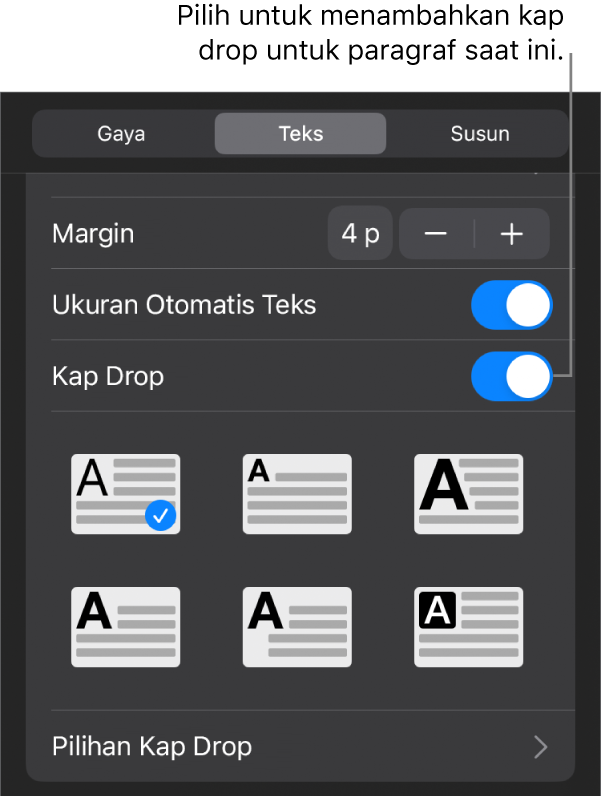 Kontrol Kap Drop terletak di menu Teks.