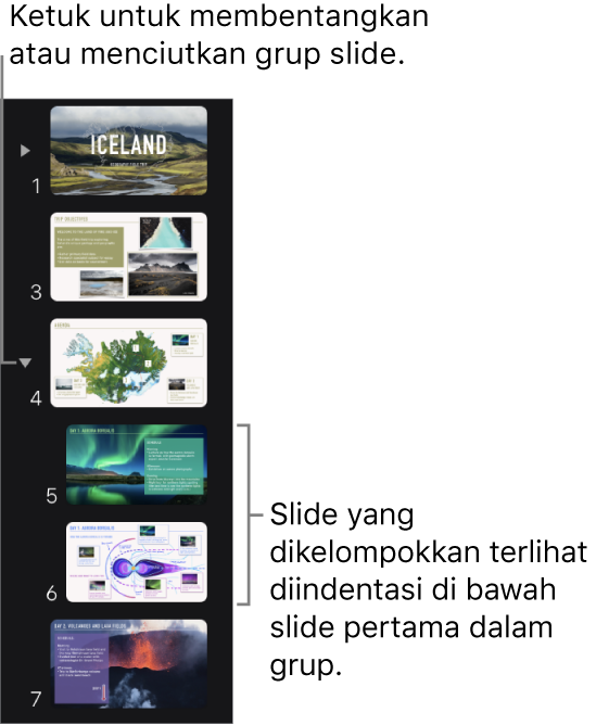 Navigator slide menunjukkan slide yang diindentasi.